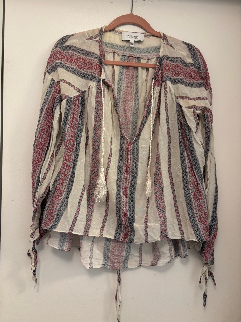 10 Crosby Derek Lam Striped Boho V-Neck Blouse in Cream, Red and Blue - Picture 2 of 5
